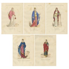 Costume femminile dalla Gallia alla Carolingia, stampe storiche francesi, set di 5 piatti