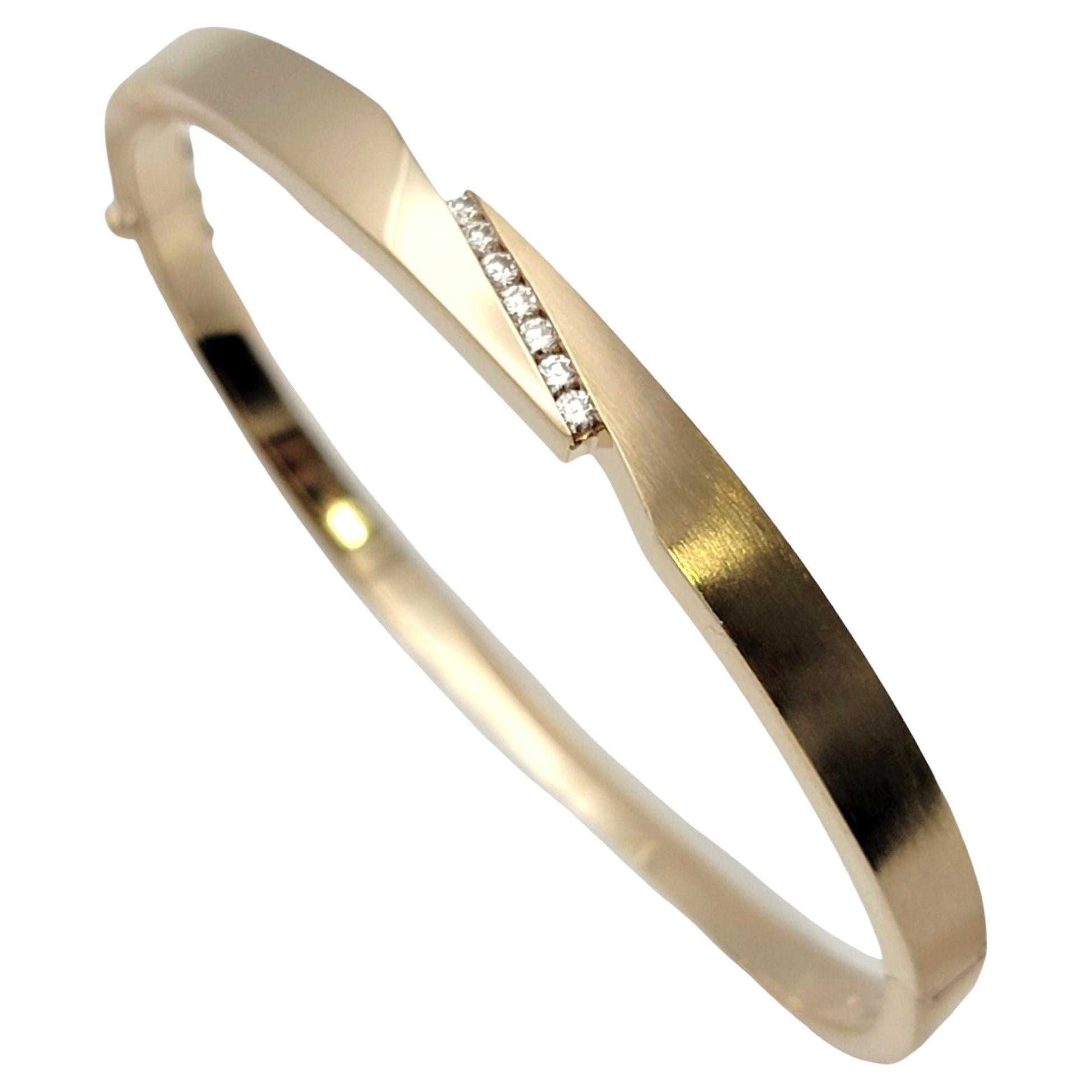 Gaulthier Brushed and Polished 14 Karat Gold Crossover Bangle with Diamonds For Sale