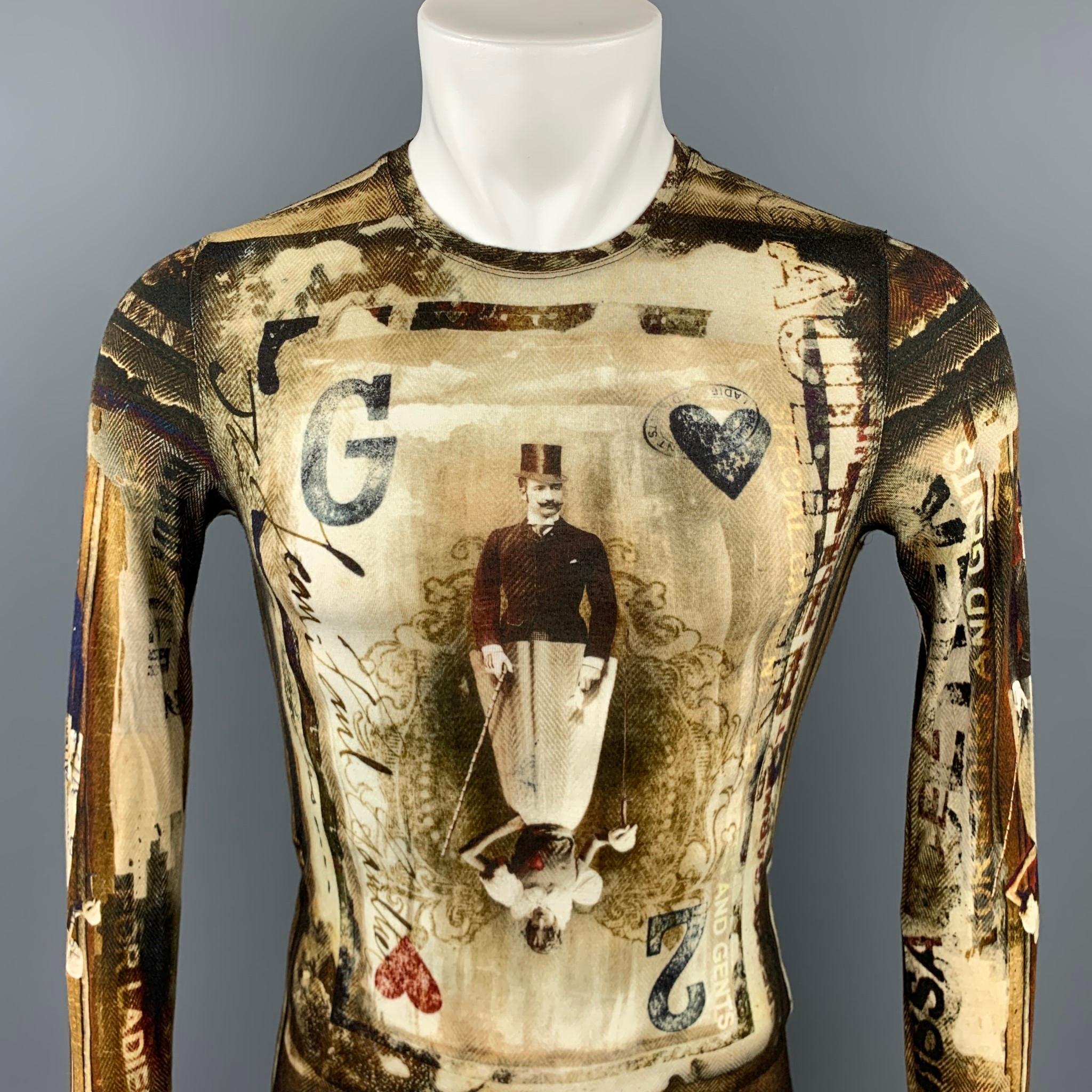 GAULTIER 2 by JEAN PAUL GAULTIER pullover comes in a brown & beige print rayon featuring a crew-neck. Made in Italy. 

Very Good Pre-Owned Condition.
Marked: US 38

Measurements:

Shoulder: 16.5 in. 
Chest: 32 in. 
Sleeve: 28.5 in. 
Length: 27 in. 