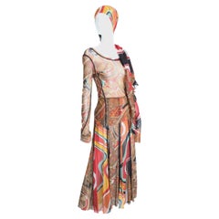 Gaultier Colorful Sheer Mesh Ensemble 3pc Top, Skirt + 62in Shawl S