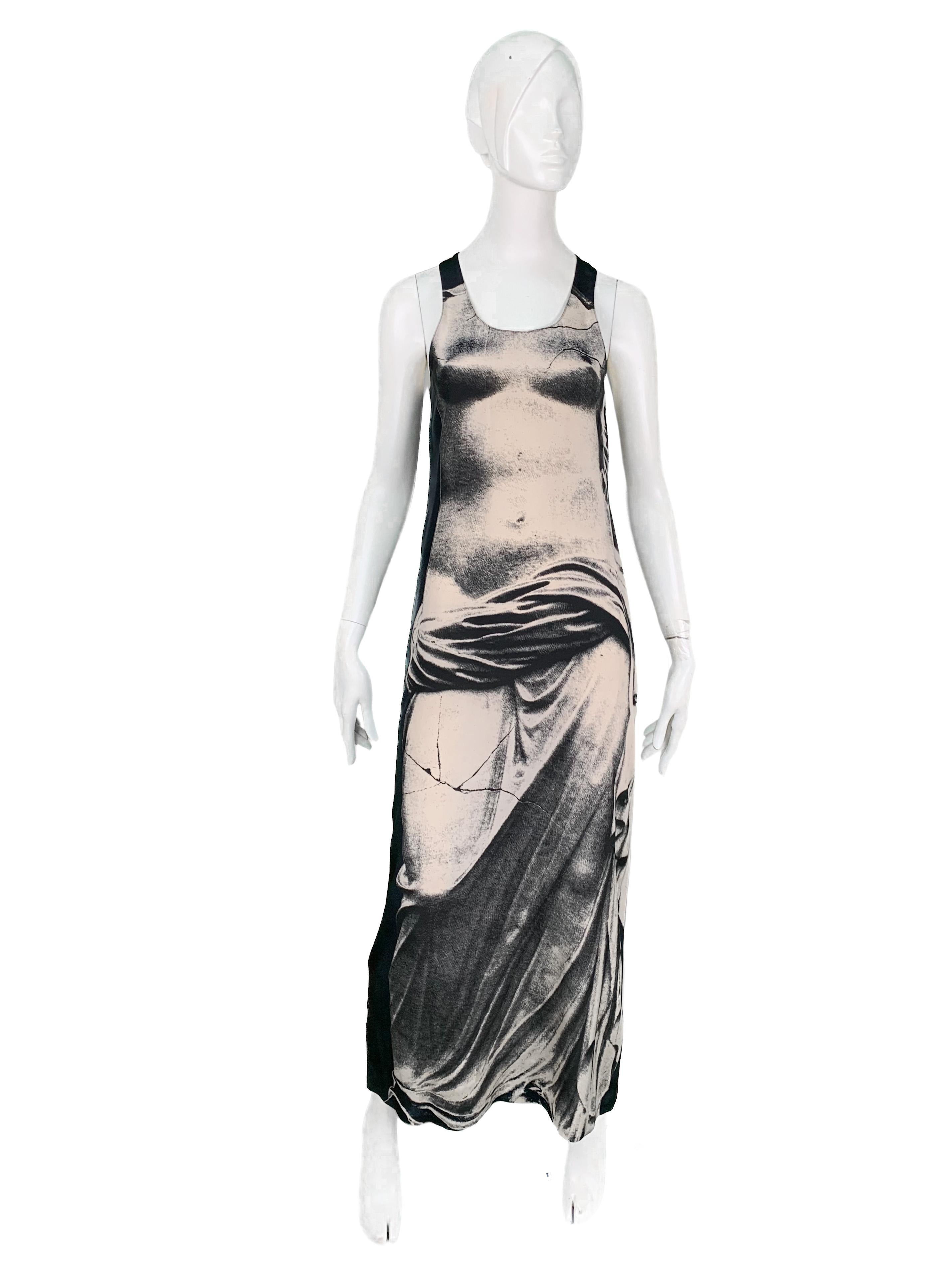 Arguably one of the most important dress designs of the 20th century, this Jean Paul Gaultier SS 1999 silk maxi dress is similar to the one featured in the Metropolitan Museum of Art collection. Its iconic design is a frequent influence for fashion