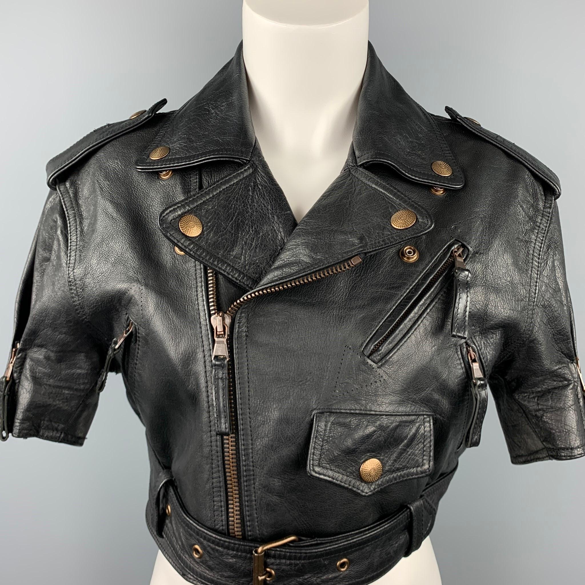 GAULTIER2 by JEAN PAUL GAULTIER jacket comes in a black leather with a full liner featuring a motorcycle style, zipper pockets, belt detail, epaulettes, and a zip up closure. Made in Italy. 

Very Good Pre-Owned Condition.
Marked: I 42 / D 38 / F 38