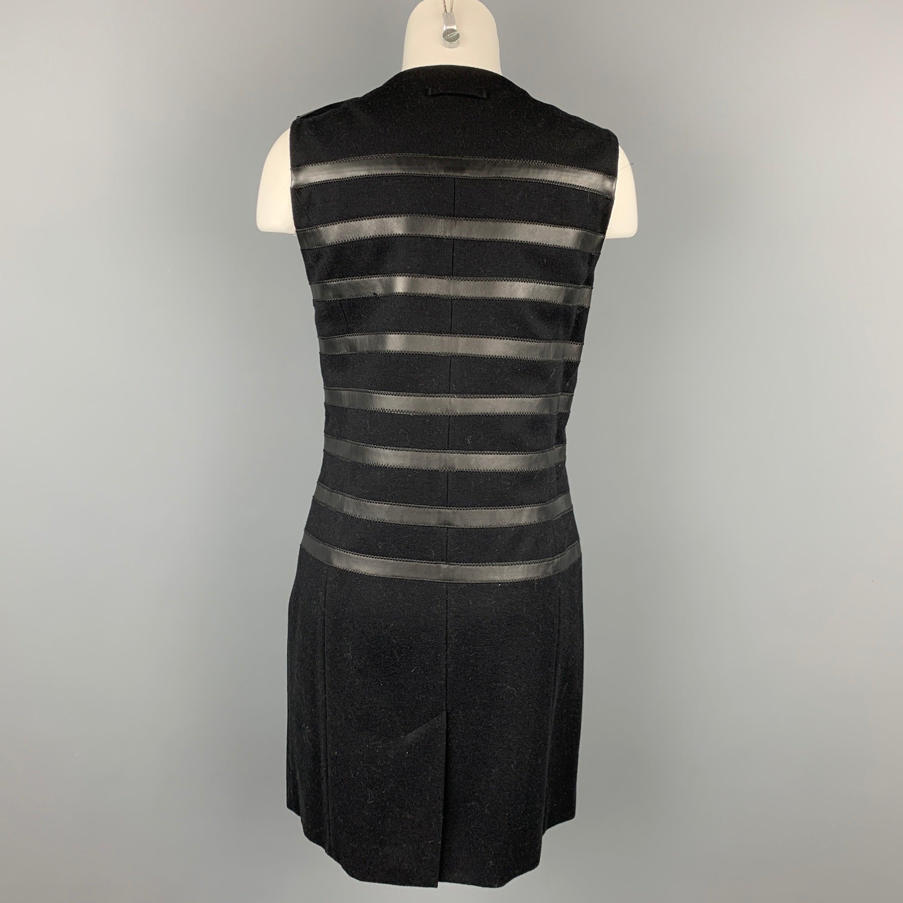 Women's GAULTIER2 by Jean Paul Gaultier Size 8 Black Wool Blend Leather Trim Shift Dress