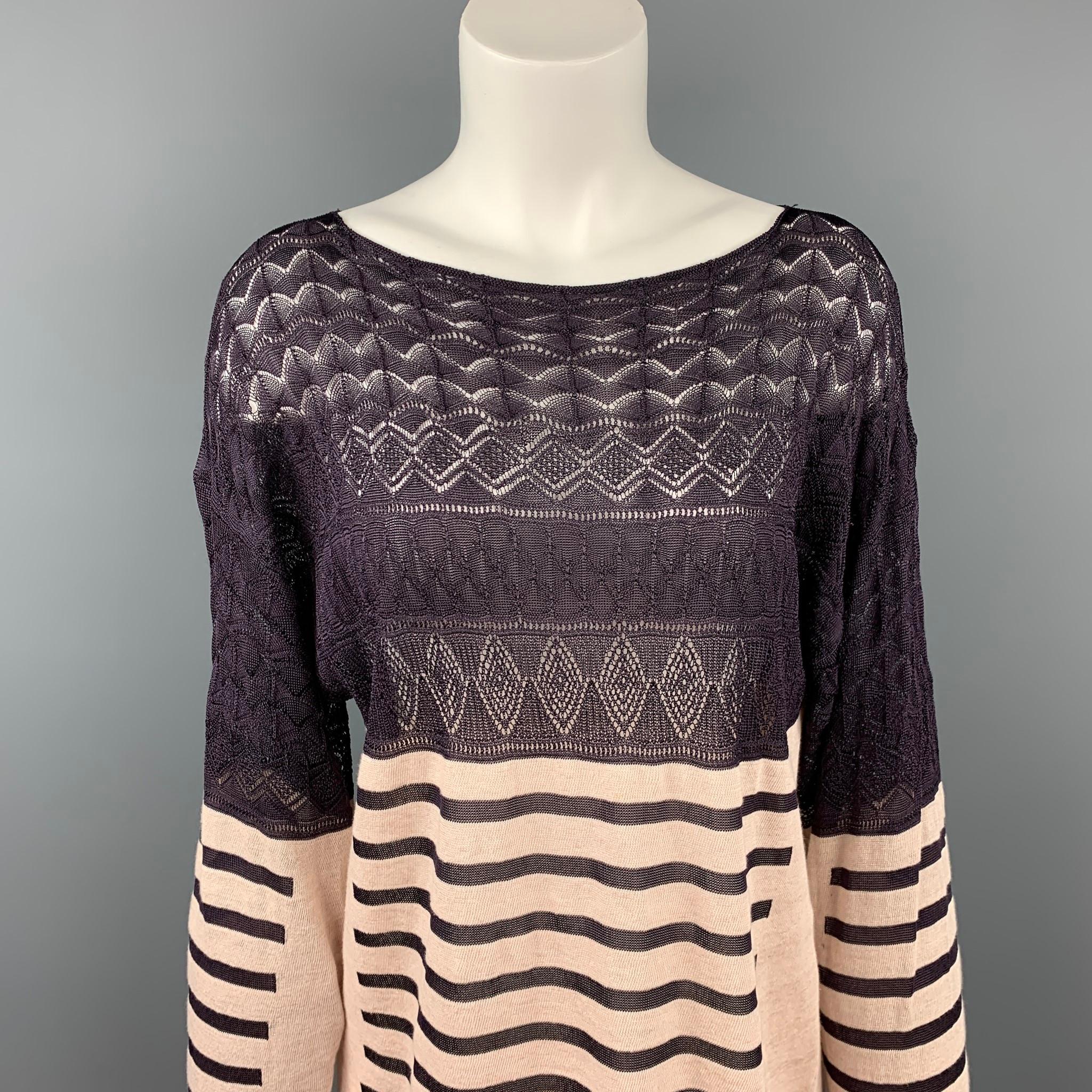 GAULTIER 2 pullover comes in a eggplant & khaki linen featuring a stripe trim, drawstring, and a boat neck. Made in Italy.

Very Good Pre-Owned Condition.
Marked: M

Measurements:

Shoulder: 22 in.
Bust: 42 in.
Sleeve: 23 in.
Length: 25 in. 
