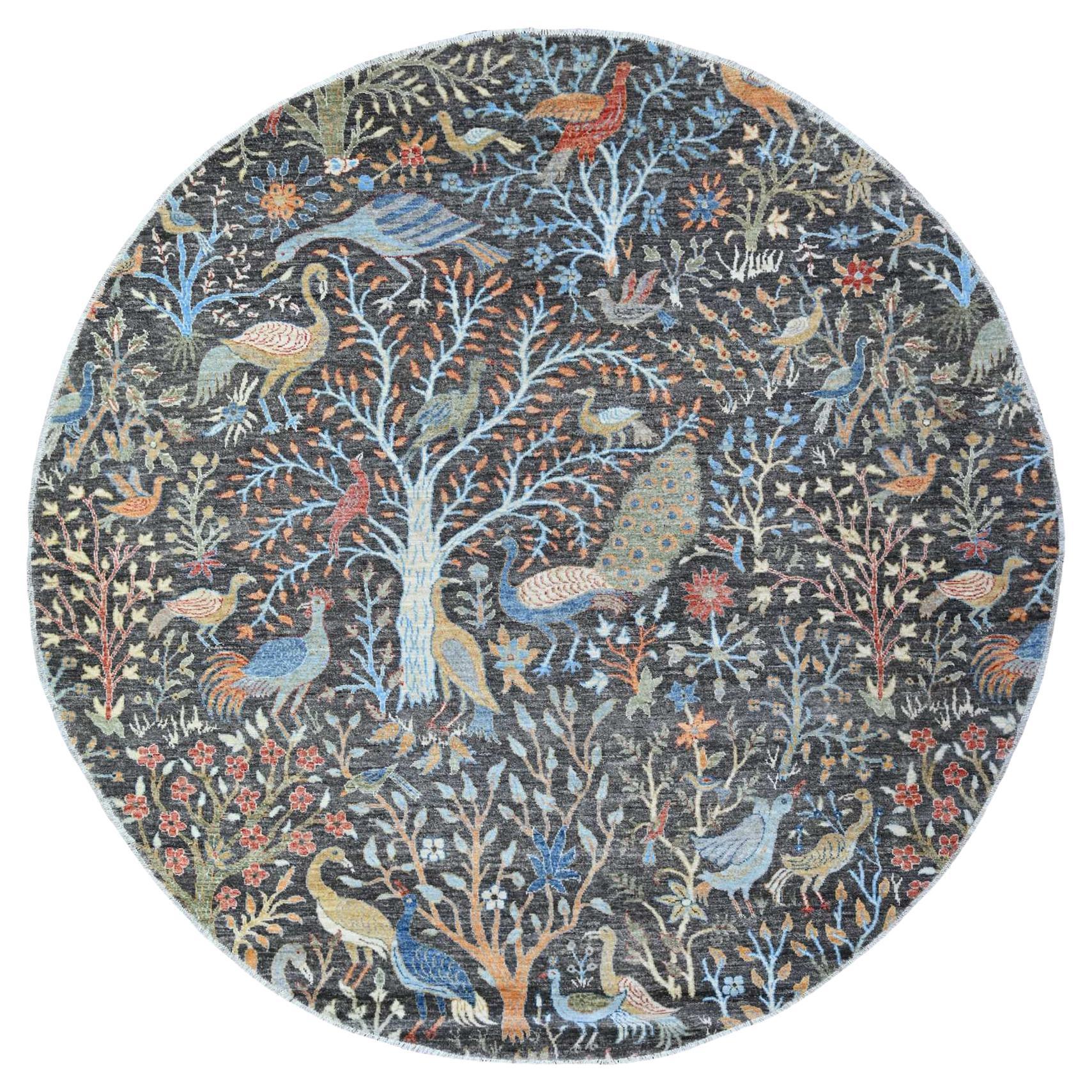 Tapis rond oriental noué à la main de la laine afghane grise Gauntlet de Peshawar 7'11" x 8'2"