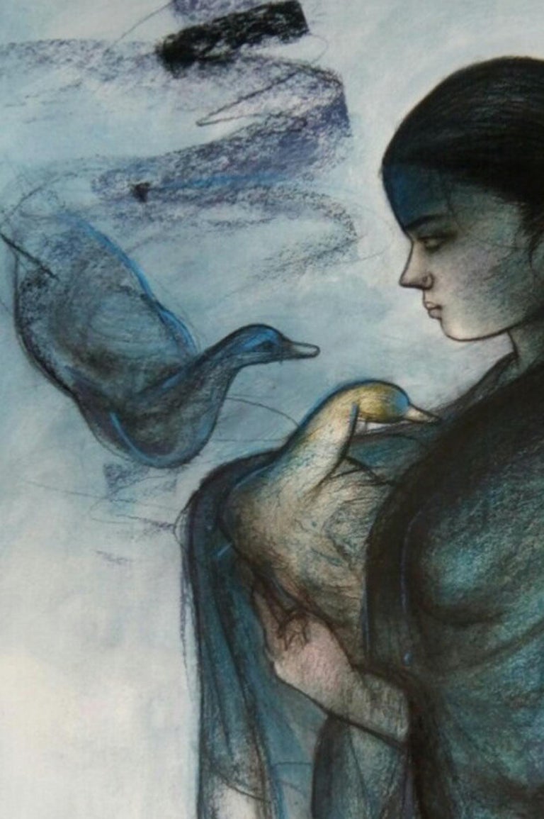 Women with Swan, Mixed Media on paper, Blue, Black by Indian Artist 
