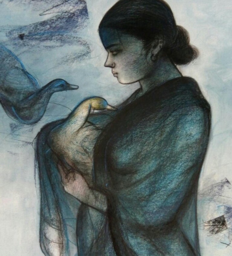 Women with Swan, Mixed Media on paper, Blue, Black by Indian Artist 