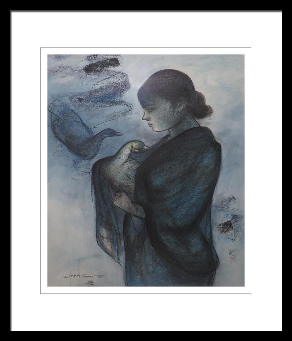 Women with Swan, Mixed Media on paper, Blue, Black by Indian Artist "In Stock"