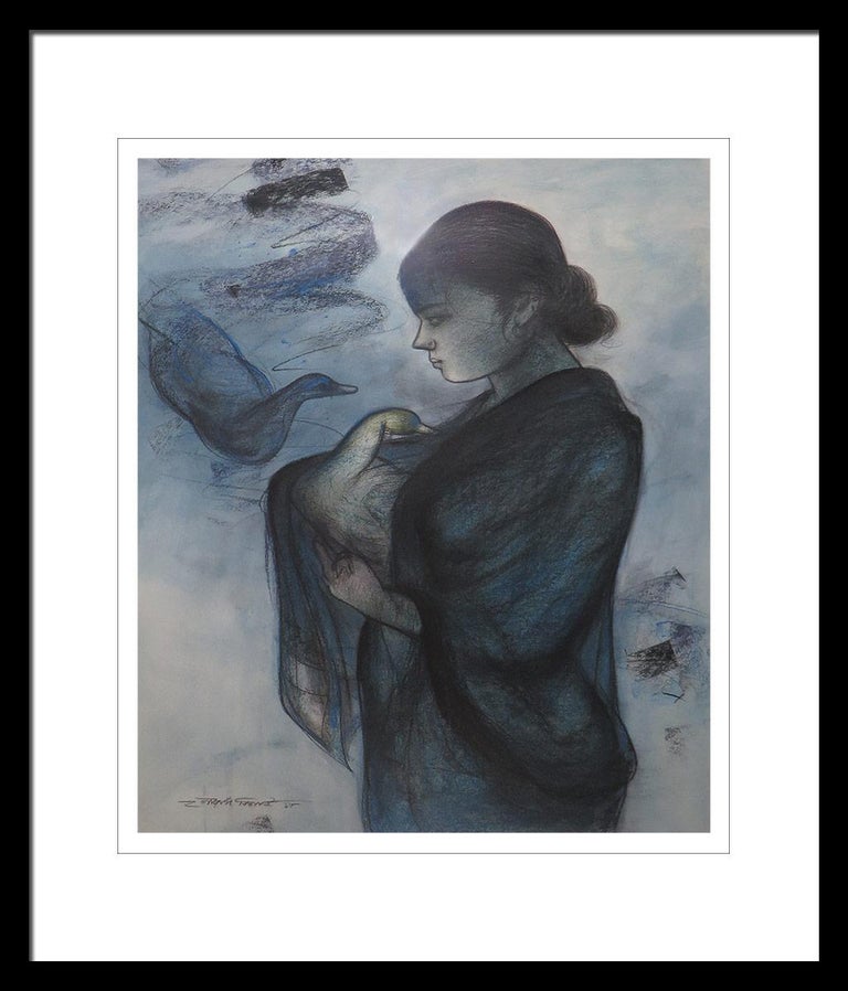 Women with Swan, Mixed Media on paper, Blue, Black by Indian Artist "In Stock" - Mixed Media Art by Gaurango Beshai 
