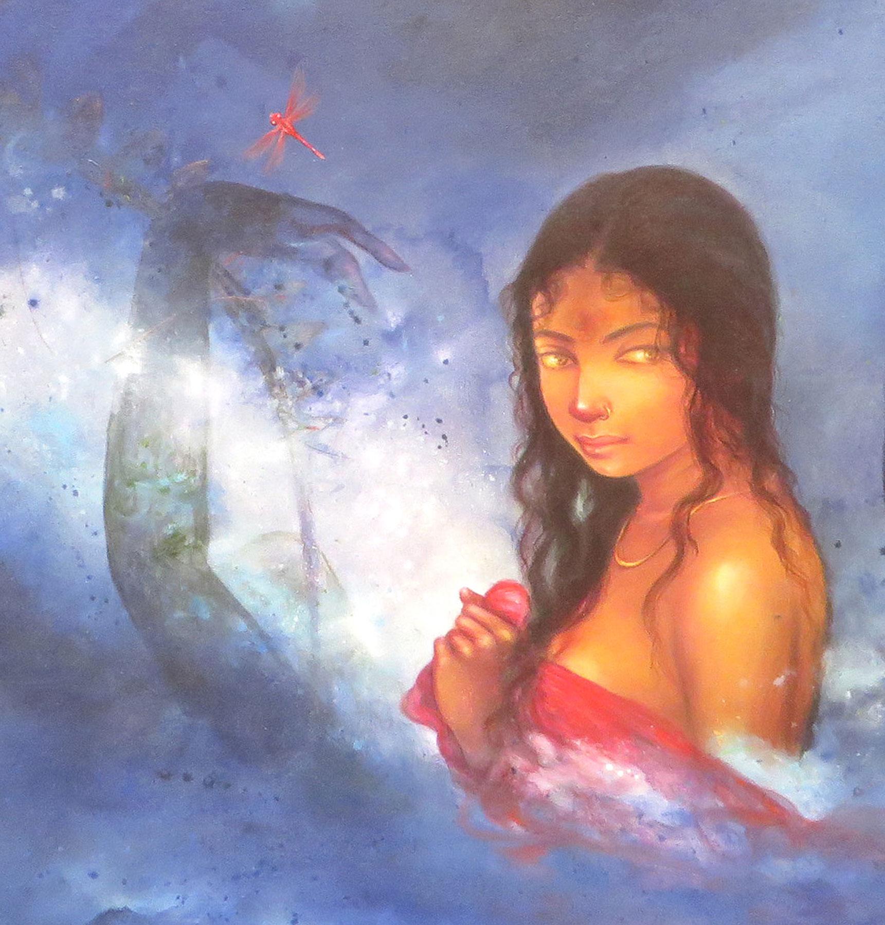 Devi, Bathing Bengali Woman, Acrylic, Mixed Media by Indian Artist 