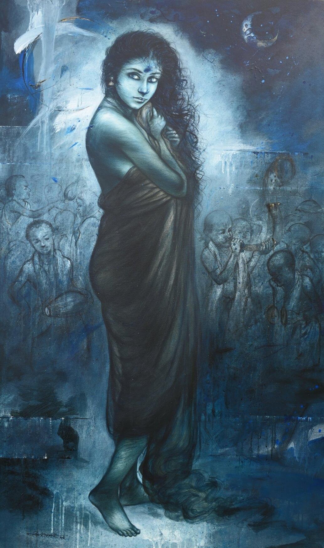 Gaurango Beshai  Figurative Painting - Devotee, Acrylic on Canvas, Blue Color by Contemporary Indian Artist “In Stock”