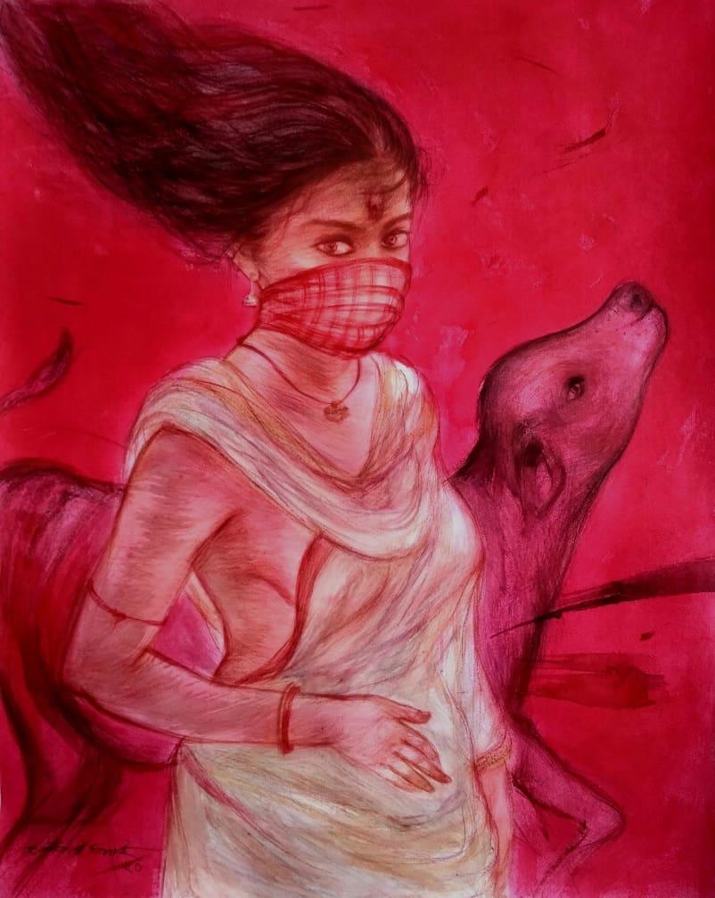 Gaurango Beshai  Figurative Painting - Durga 1, Mixed Media on Paper, Red Colours by Contemporary Artist"In Stock"