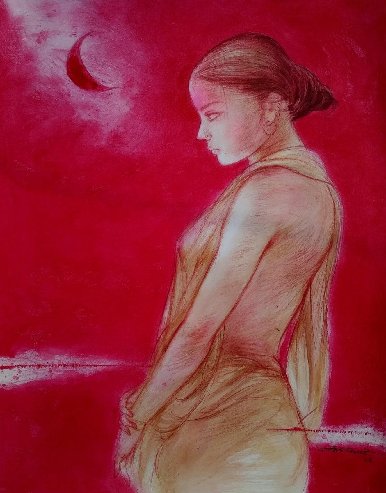 Durga 2, Mixed Media on Paper, Red Colours by Contemporary Artist"In Stock"