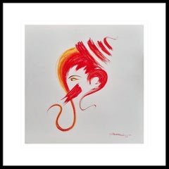 Ganesh, Dieu, Fortune, aquarelle sur papier, rouge, jaune, artiste du Bengale « En stock »