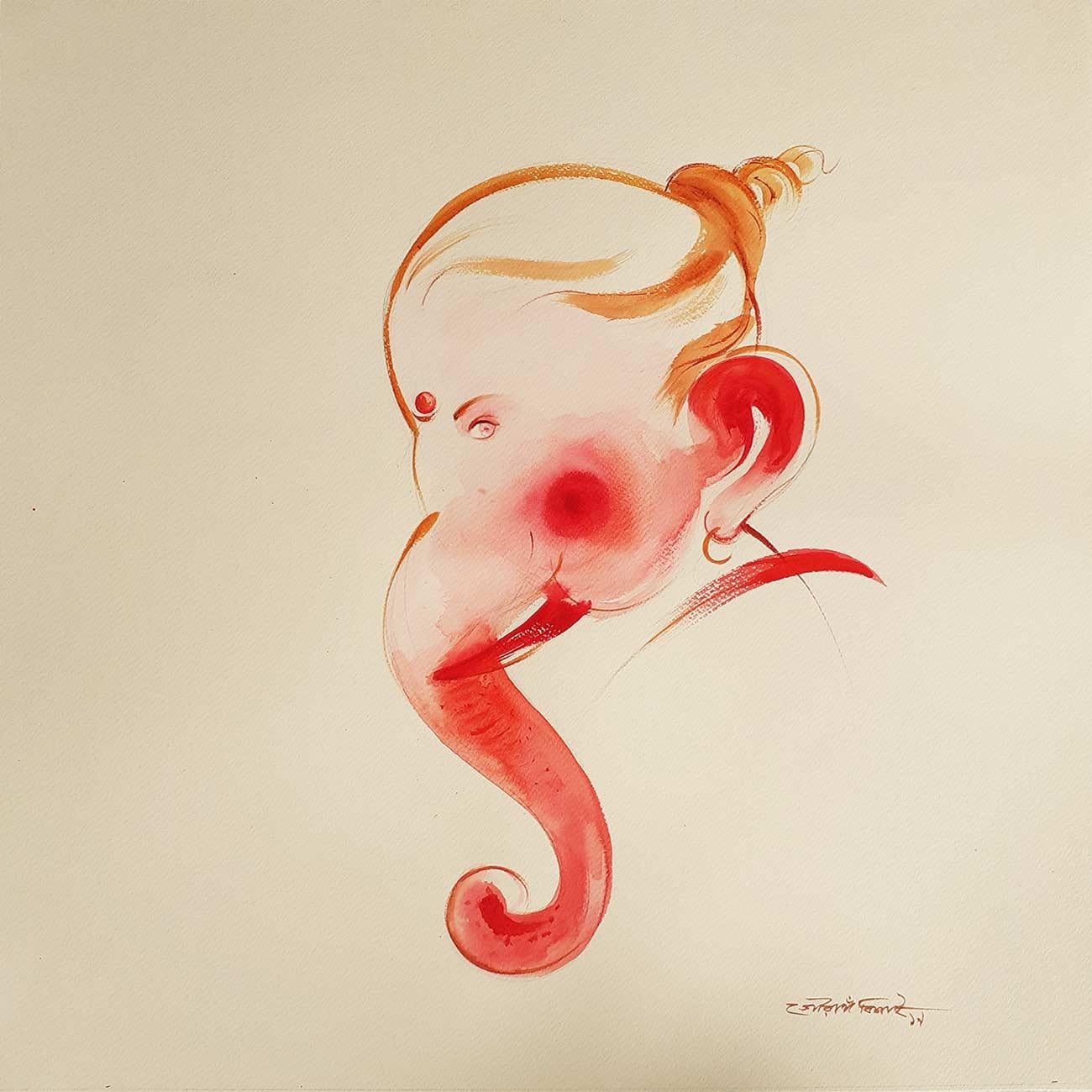 Ganesh, God, Watercolor on paper, Red, Pink, Brown by Bengal Artist 