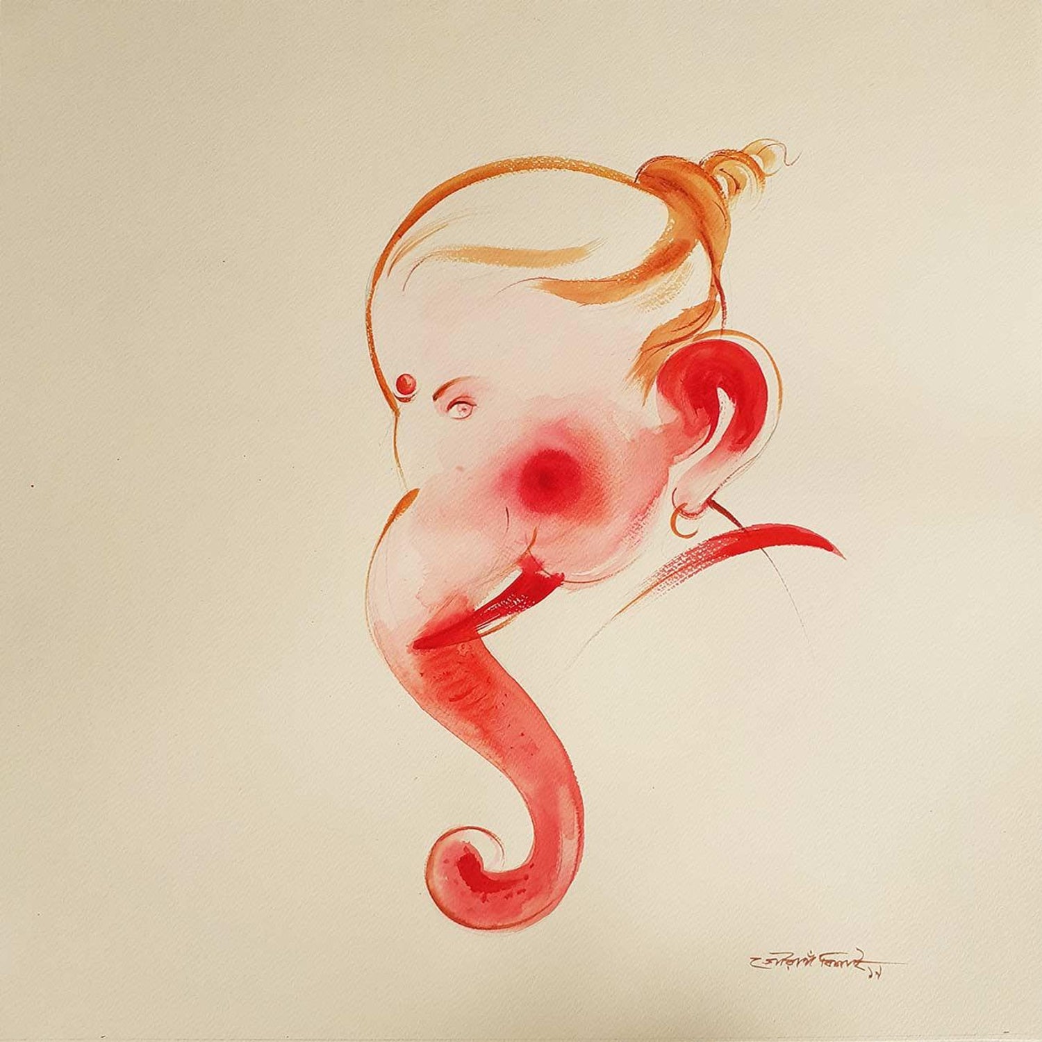 Gaurango Beshai Ganesh God Watercolor On Paper Red Pink