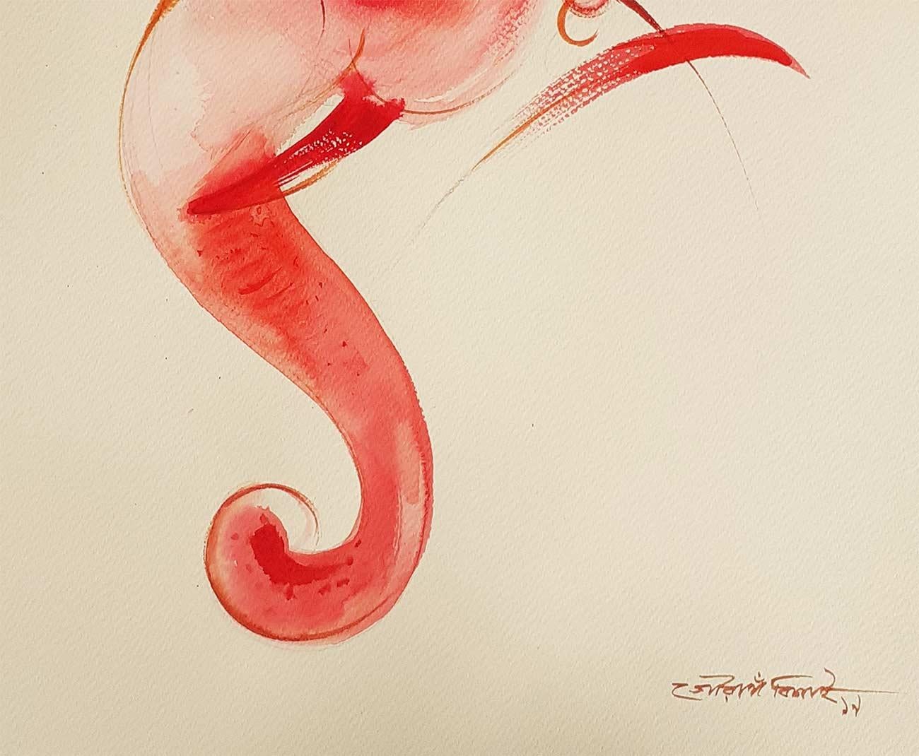 Ganesh, God, Watercolor on paper, Red, Pink, Brown by Bengal Artist 