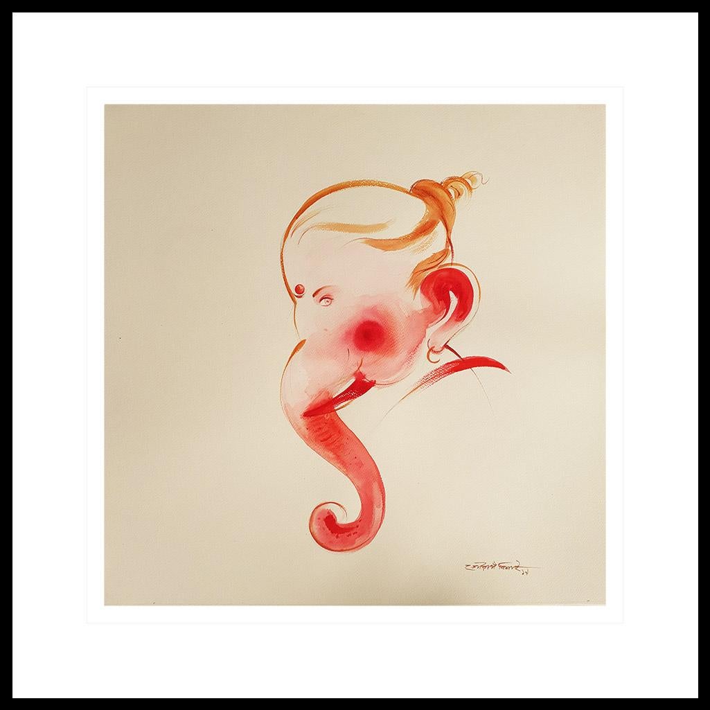 Gaurango Beshai  Figurative Painting - Ganesh, God, Watercolor on paper, Red, Pink, Brown by Bengal Artist "In Stock"