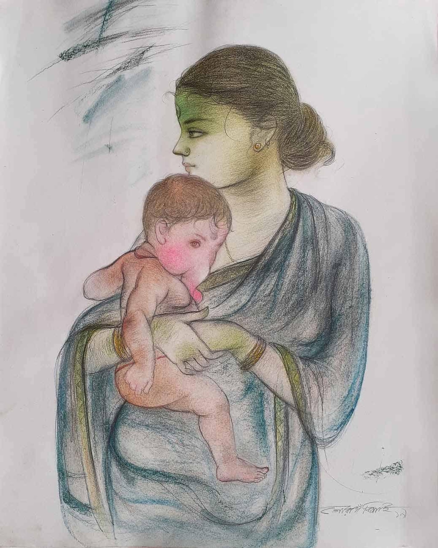 Gaurango Beshai Ganesh Janani Mixed Media On Paper Blue Pink