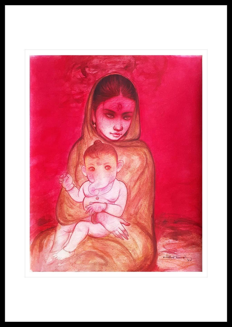 Gaurango Beshai Ganesh Janani Mixed Media On Paper Red Pink