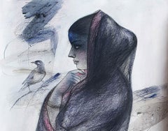 Indian Bengali Women , Charcoal, Pastel on Paper, Blue, Black, Red "In Stock"