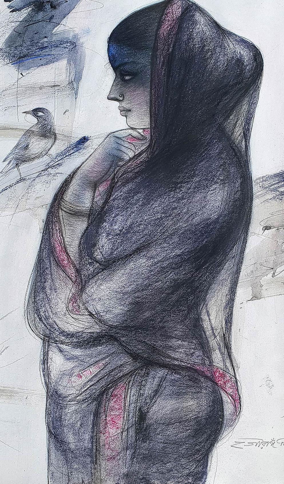 Indian Bengali Women , Charcoal, Pastel on Paper, Blue, Black, Red 