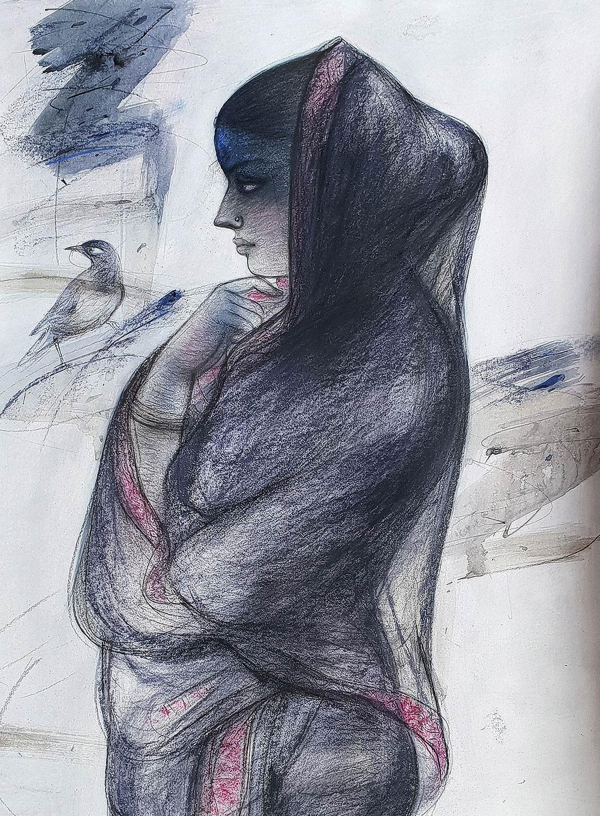 Indian Bengali Women , Charcoal, Pastel on Paper, Blue, Black, Red 