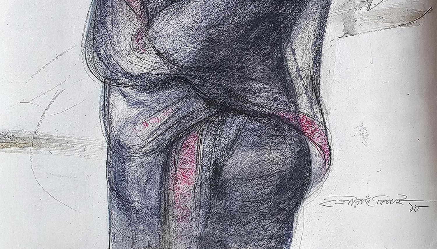 Indian Bengali Women , Charcoal, Pastel on Paper, Blue, Black, Red 