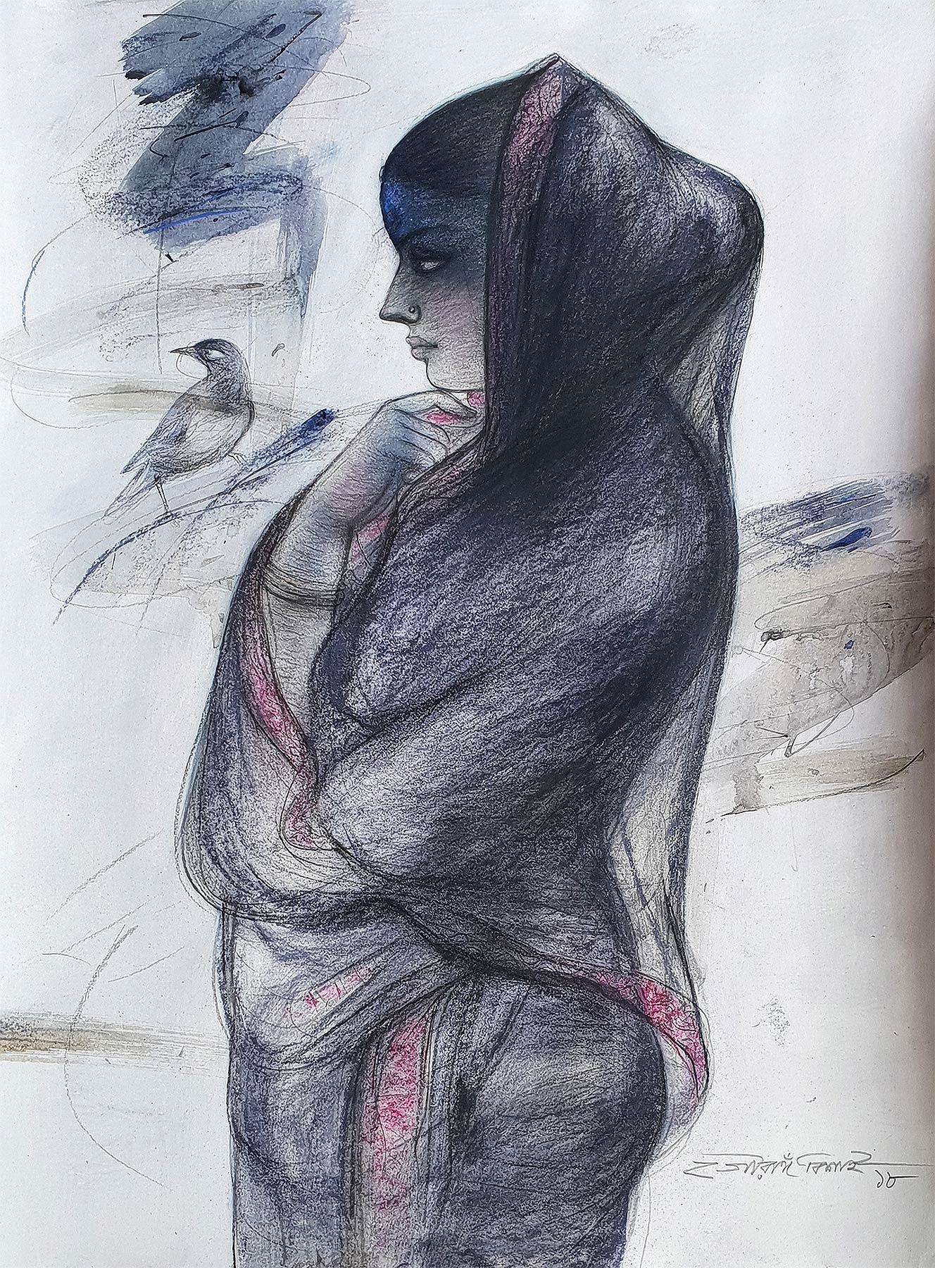 Indian Bengali Women , Charcoal, Pastel on Paper, Blue, Black, Red "In Stock" - Mixed Media Art by Gaurango Beshai 