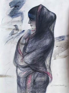 Indian Bengali Women , Charcoal, Pastel on Paper, Blue, Black, Red "In Stock"