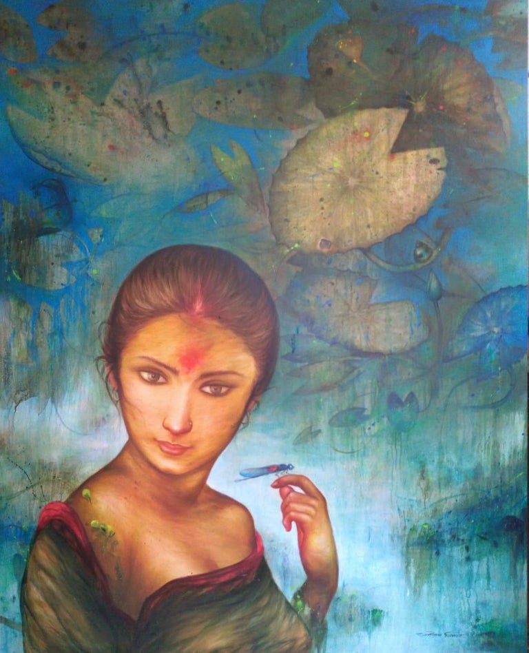 Gouranga Beshai - Lotus Pond - 60 x 48 inches ( unframed size )
Acrylic on Canvas
** Shipped in roll form.

Style : Drawing inspiration from Hemen Mazumdar, Gouranga too has fashioned many a numerous woman in semi - nude forms bringing to pivotal