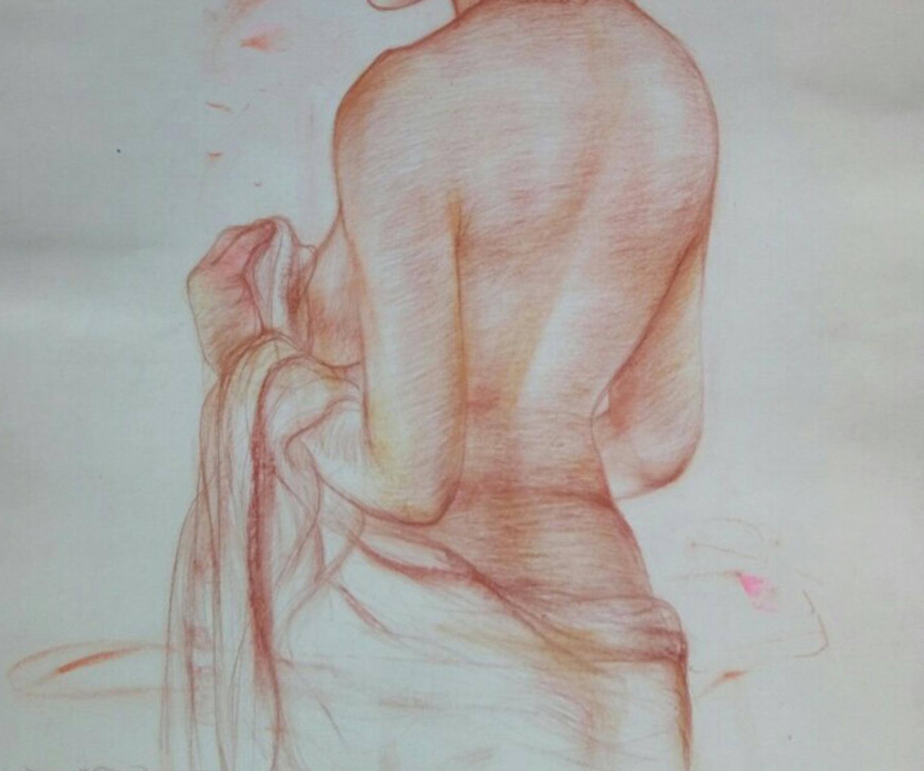 Nude, Bangladeschische Frauen, Baden, Mischtechnik auf Papier, Rosa, Rot, Braun „“Auf Lager“ – Painting von Gaurango Beshai 