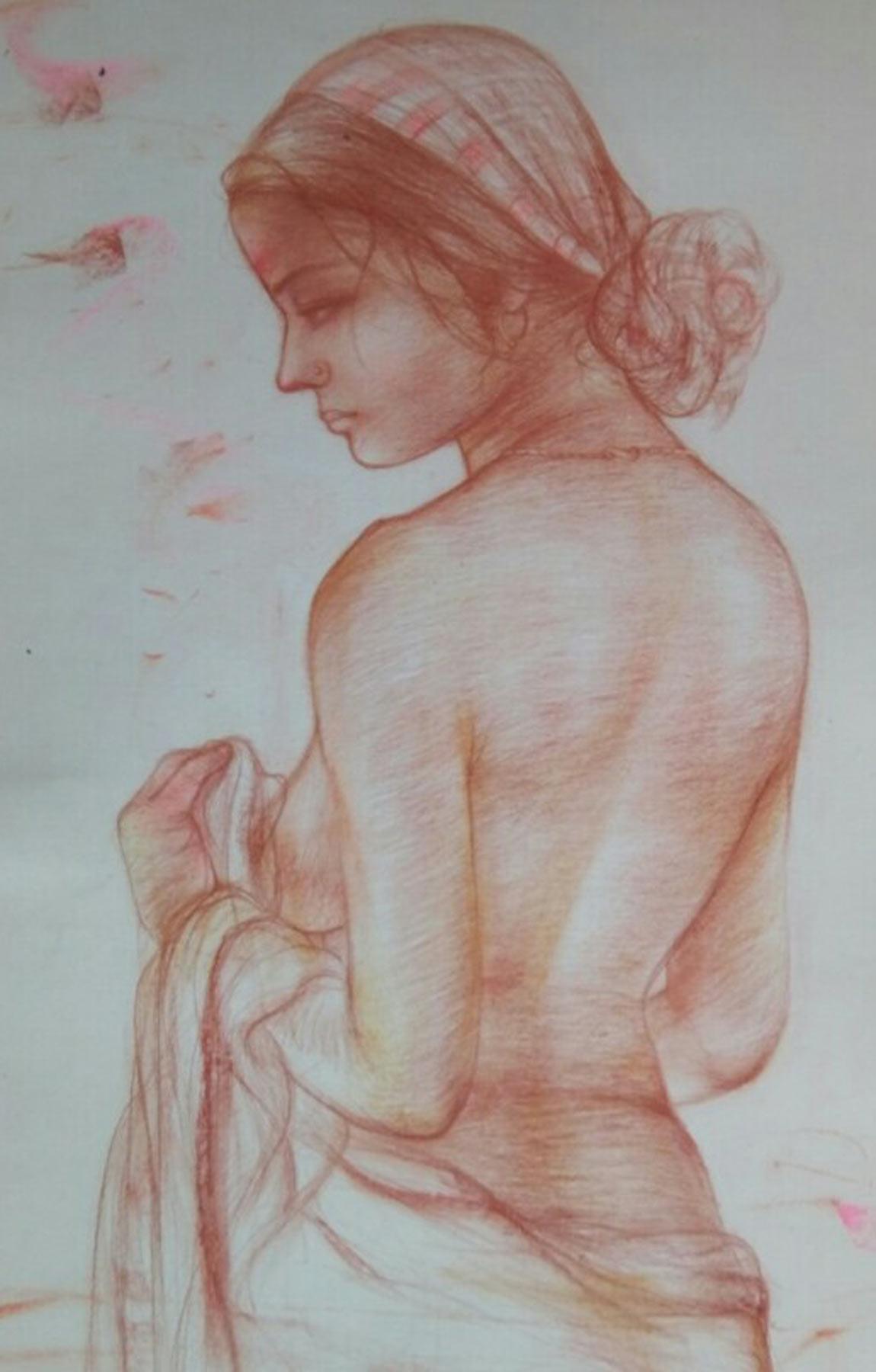 Nude, Bangladeschische Frauen, Baden, Mischtechnik auf Papier, Rosa, Rot, Braun „“Auf Lager“ (Zeitgenössisch), Painting, von Gaurango Beshai 