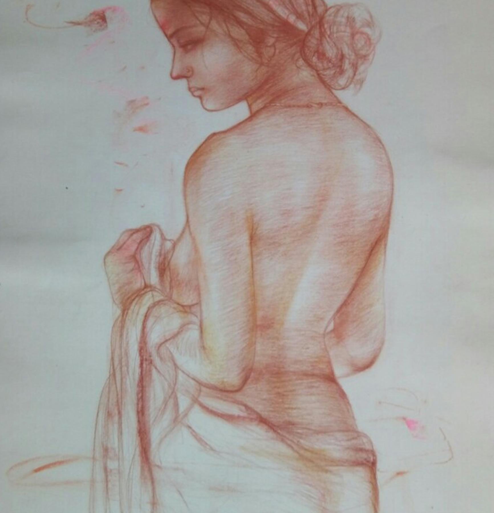 Nude, Bangladeschische Frauen, Baden, Mischtechnik auf Papier, Rosa, Rot, Braun „“Auf Lager“ (Grau), Nude Painting, von Gaurango Beshai 