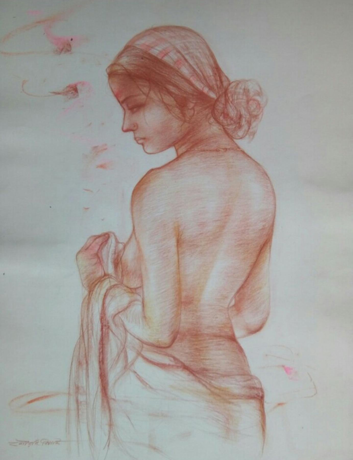 Nude, Bengali Women, Bathing, Mixed Media on paper, Pink, Red, Brown "In Stock"