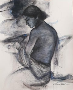 Nude Women, Bird, Mixed Media Painting, Blue, Black by Bengal Artist "In Stock"