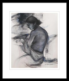 Nude Women, Bird, Mixed Media Painting, Blue, Black by Bengal Artist "In Stock"