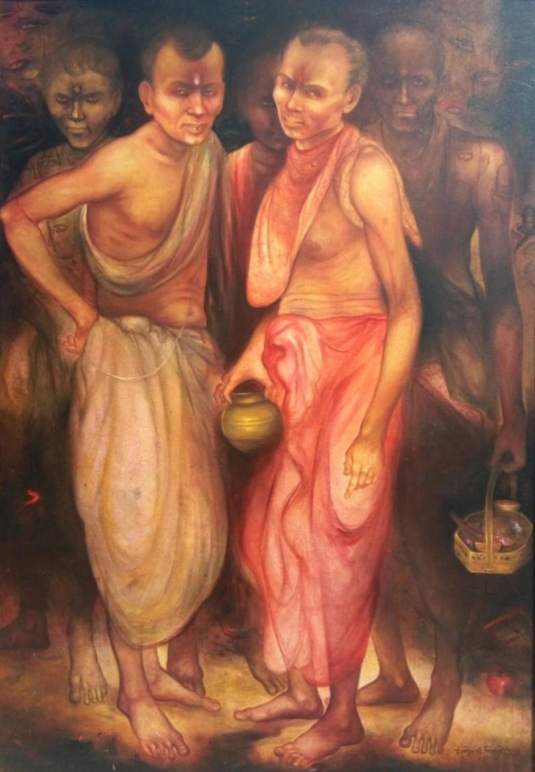 Gaurango Beshai  Figurative Painting - Pujari, Acrylic on Canvas, Red, Brown by Contemporary Artist "In Stock"