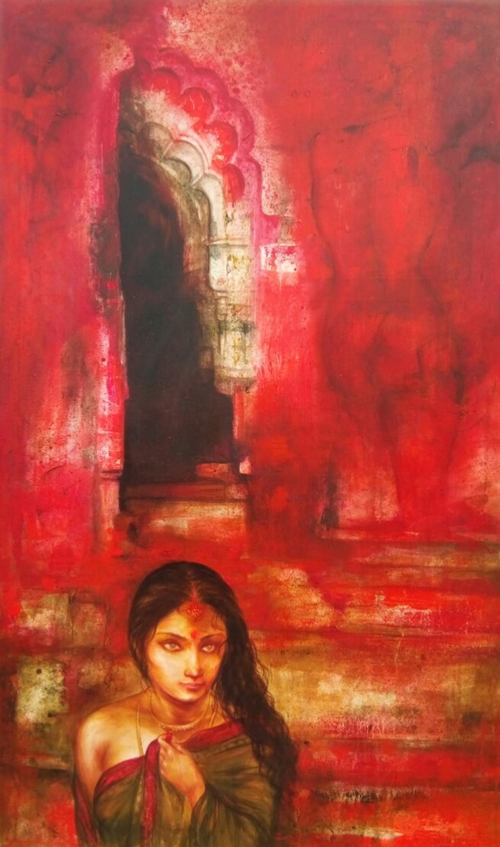 Gaurango Beshai  Figurative Painting – Ohne Titel, Acryl auf Leinwand, Rot, Gelb von zeitgenössischem Künstler „In Stock“