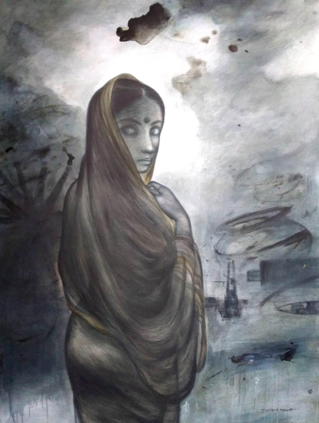 Gaurango Beshai  Figurative Painting - Village Woman, Acrylic on Canvas by Contemporary Artist "In Stock"