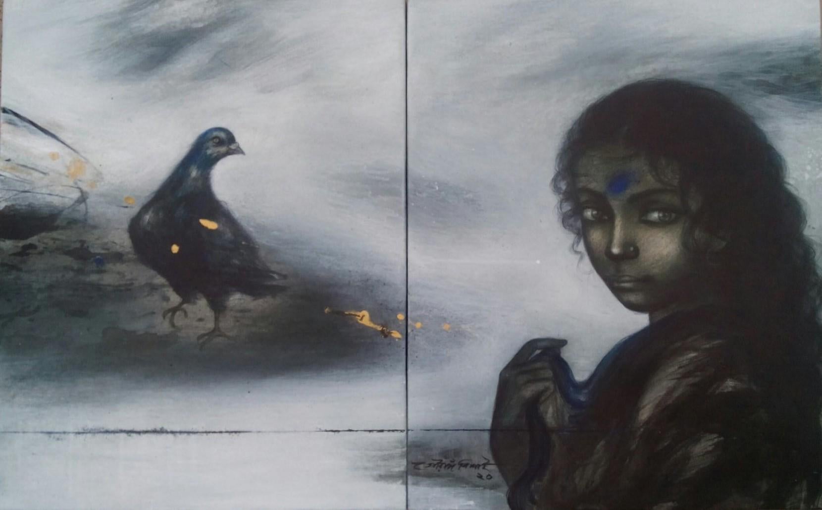 Woman with Bird, Acrylic on Canvas, Black by Contemporary Artist "In Stock"
