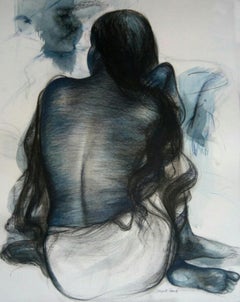 Women Siiting with Cascading hair, Mixed Media Painting, Blue, Black "In Stock"