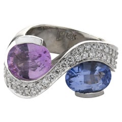 Gauthier 14 Karat White Gold Blue and Pink Sapphire and Diamond Bypass Ring