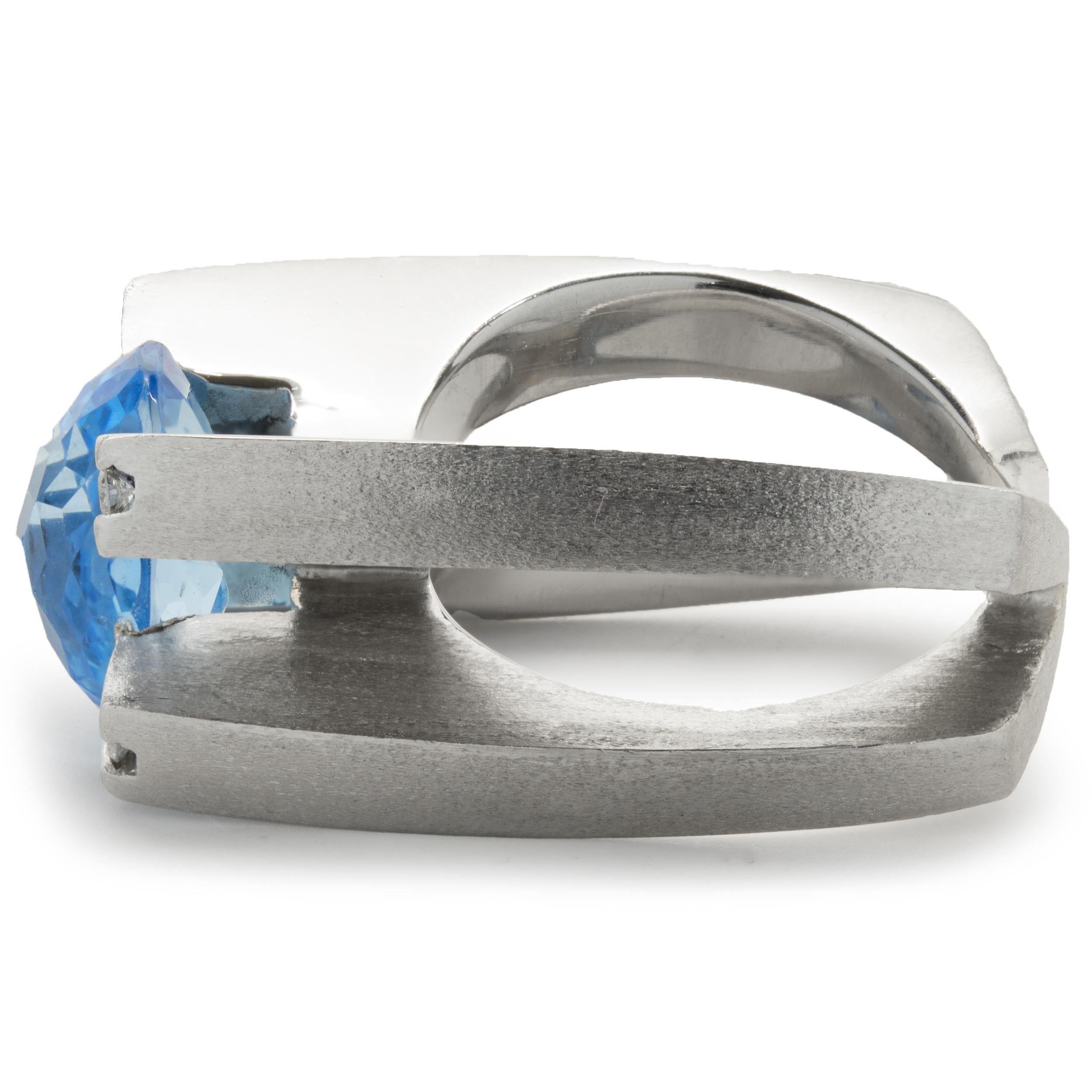 Oval Cut Gauthier 14 Karat White Gold Blue Topaz and Diamond X Ring