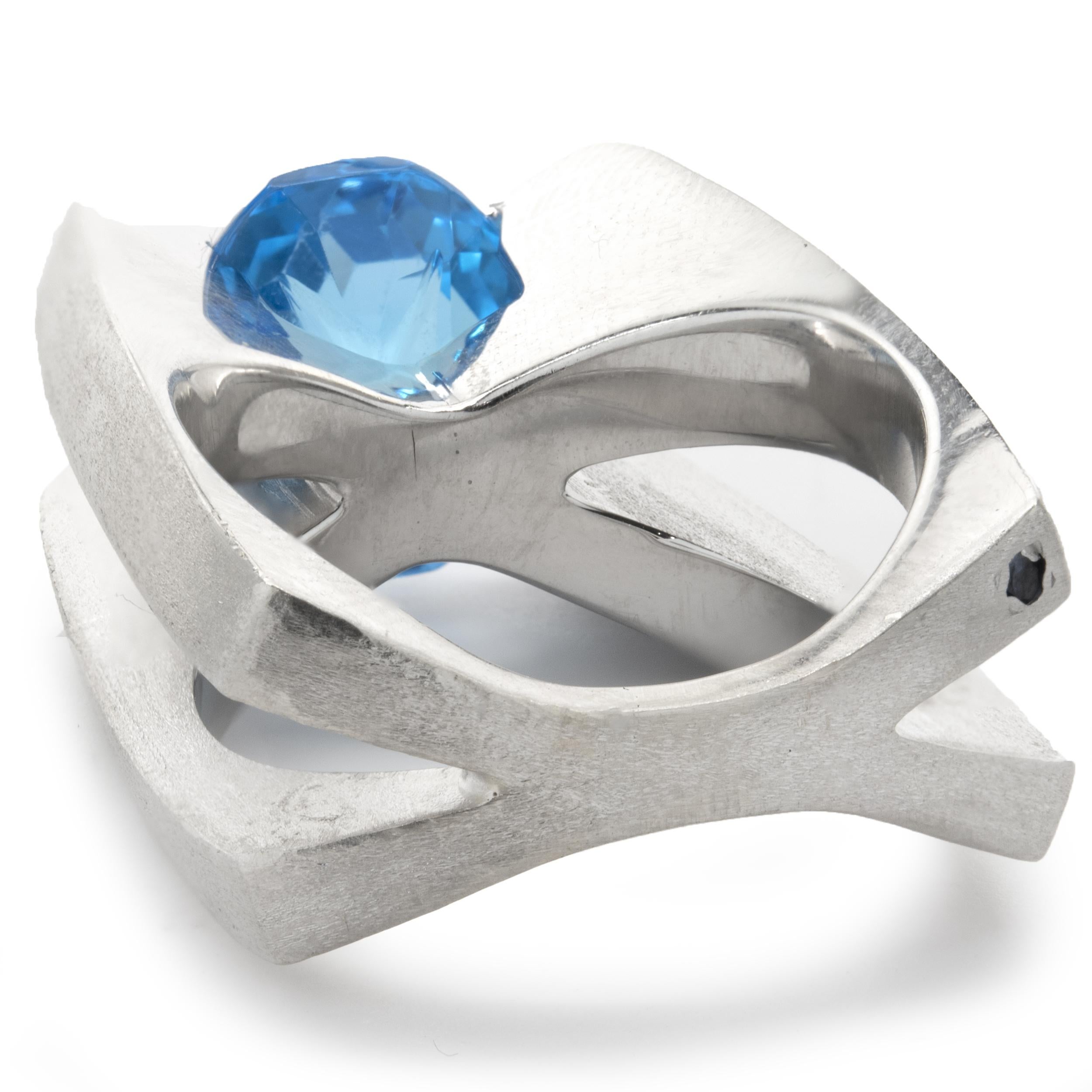 Gauthier 14 Karat White Gold Blue Topaz and Diamond X Ring In Excellent Condition In Scottsdale, AZ