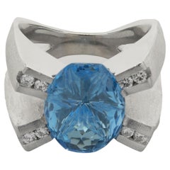 Gauthier 14 Karat White Gold Blue Topaz and Diamond X Ring