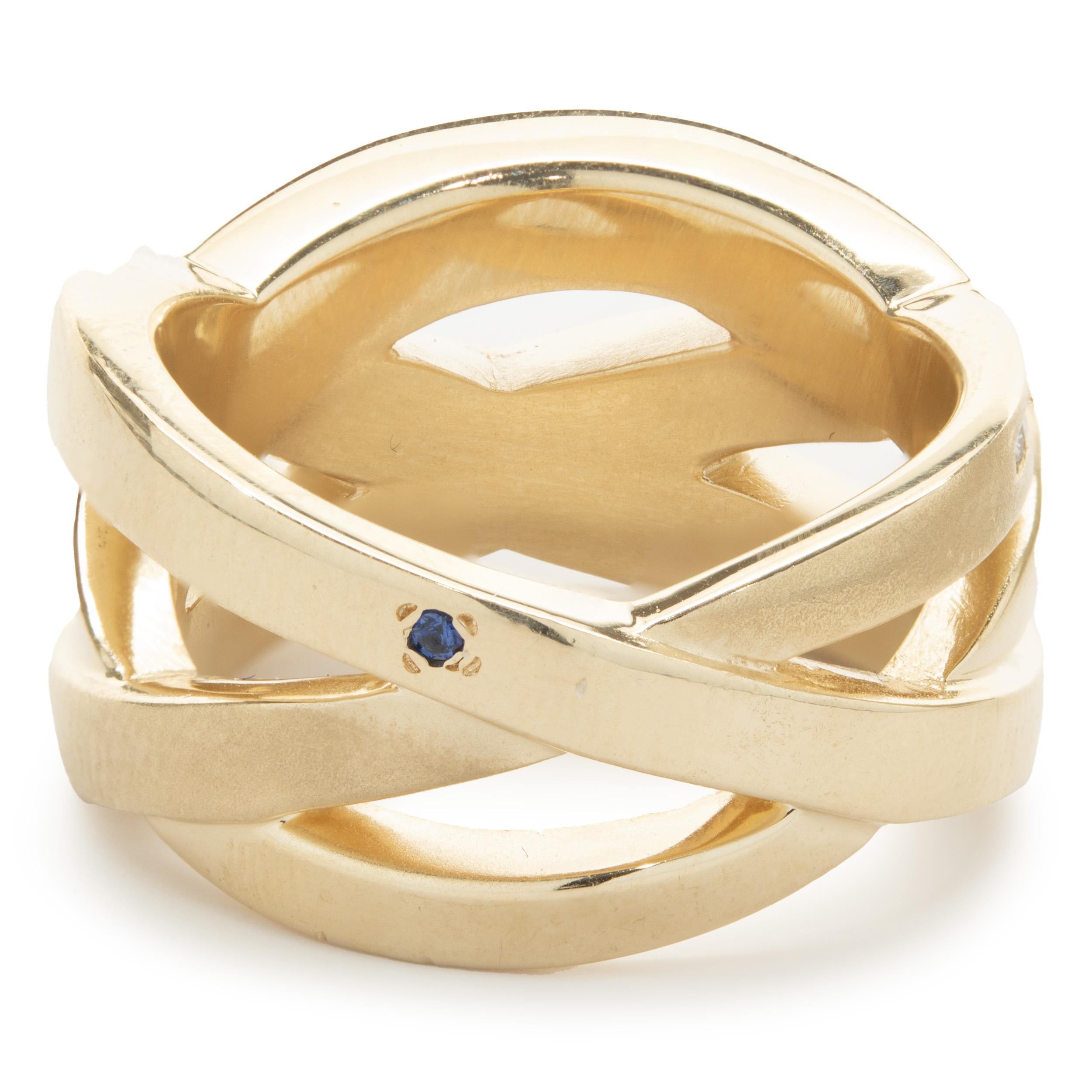 Gauthier 14 Karat Gelbgold Rubin und Diamant X Crossover-Ring im Zustand „Hervorragend“ in Scottsdale, AZ