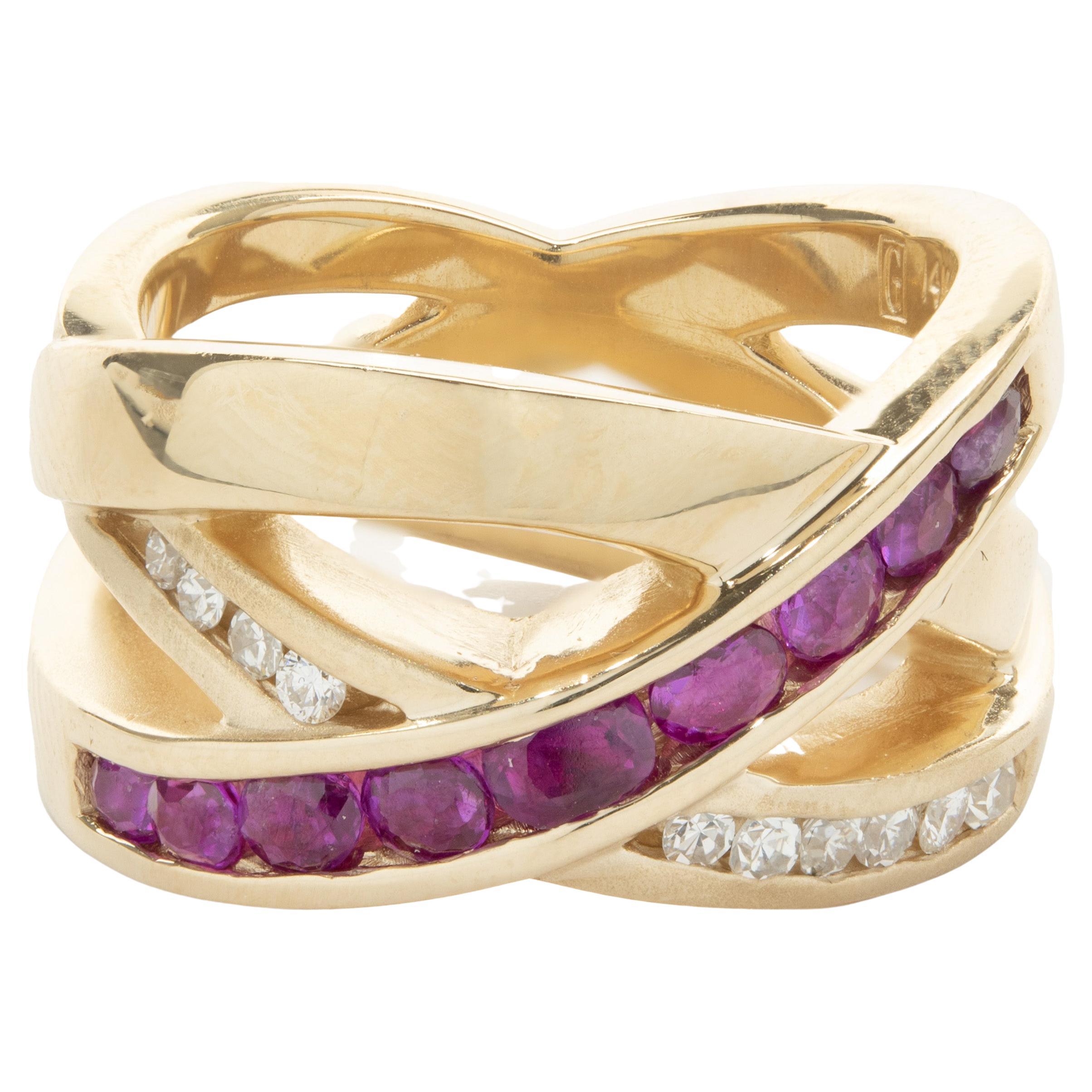 Gauthier 14 Karat Yellow Gold Ruby and Diamond X Crossover Band For Sale
