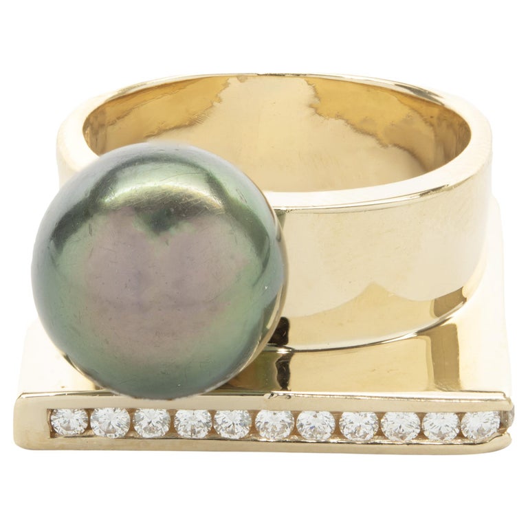 Wall Rong Gauthier 14 Karat Yellow Gold Tahitian Pearl and Diamond Wall Ring For ...