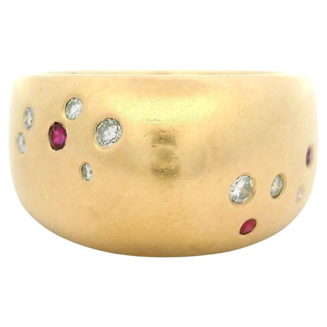 Gauthier 14k Yellow Gold Burnish Diamond Ruby & Sapphire Domed Heavy Band Ring